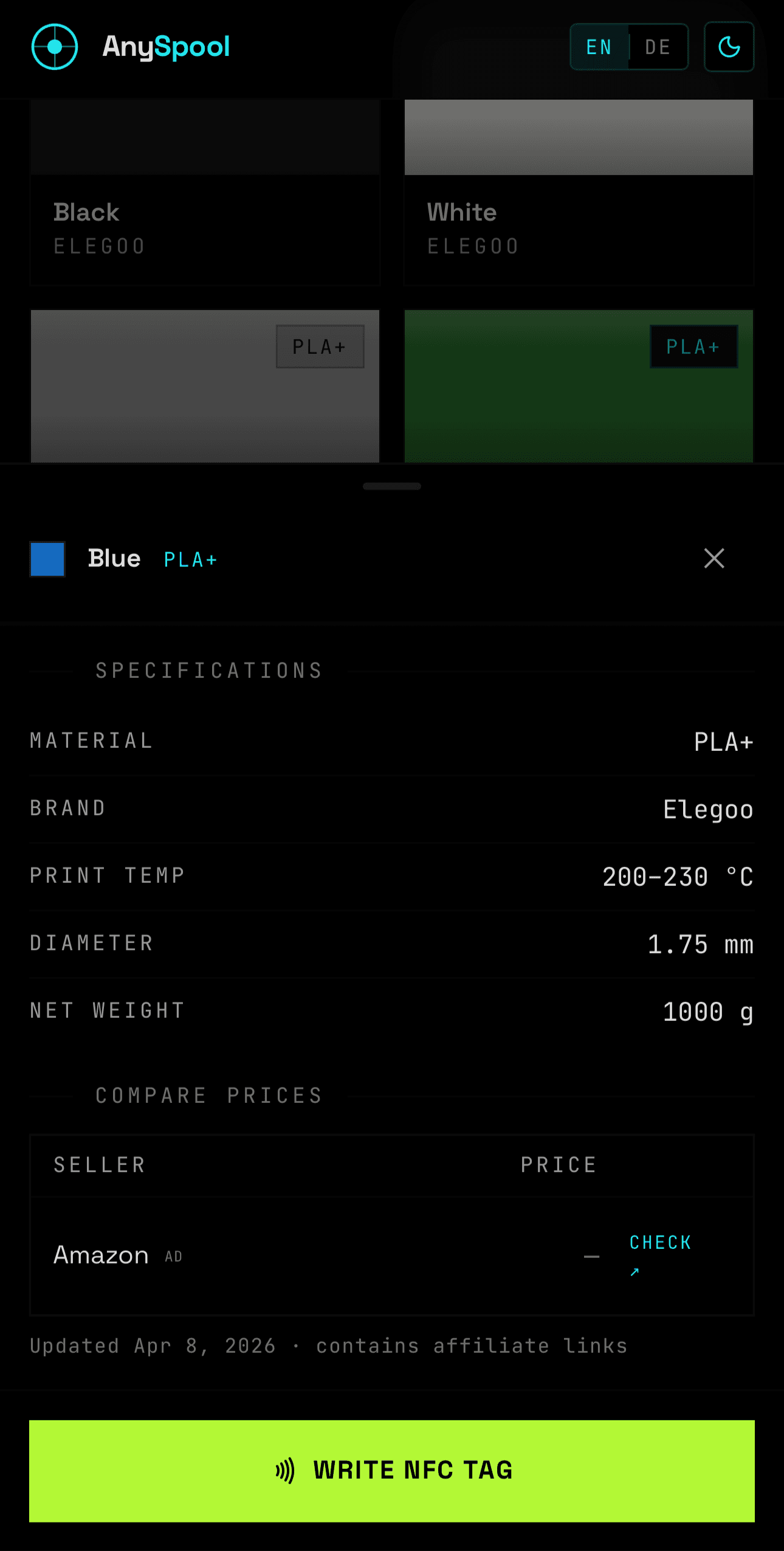 AnySpool filament detail panel with Write NFC Tag button