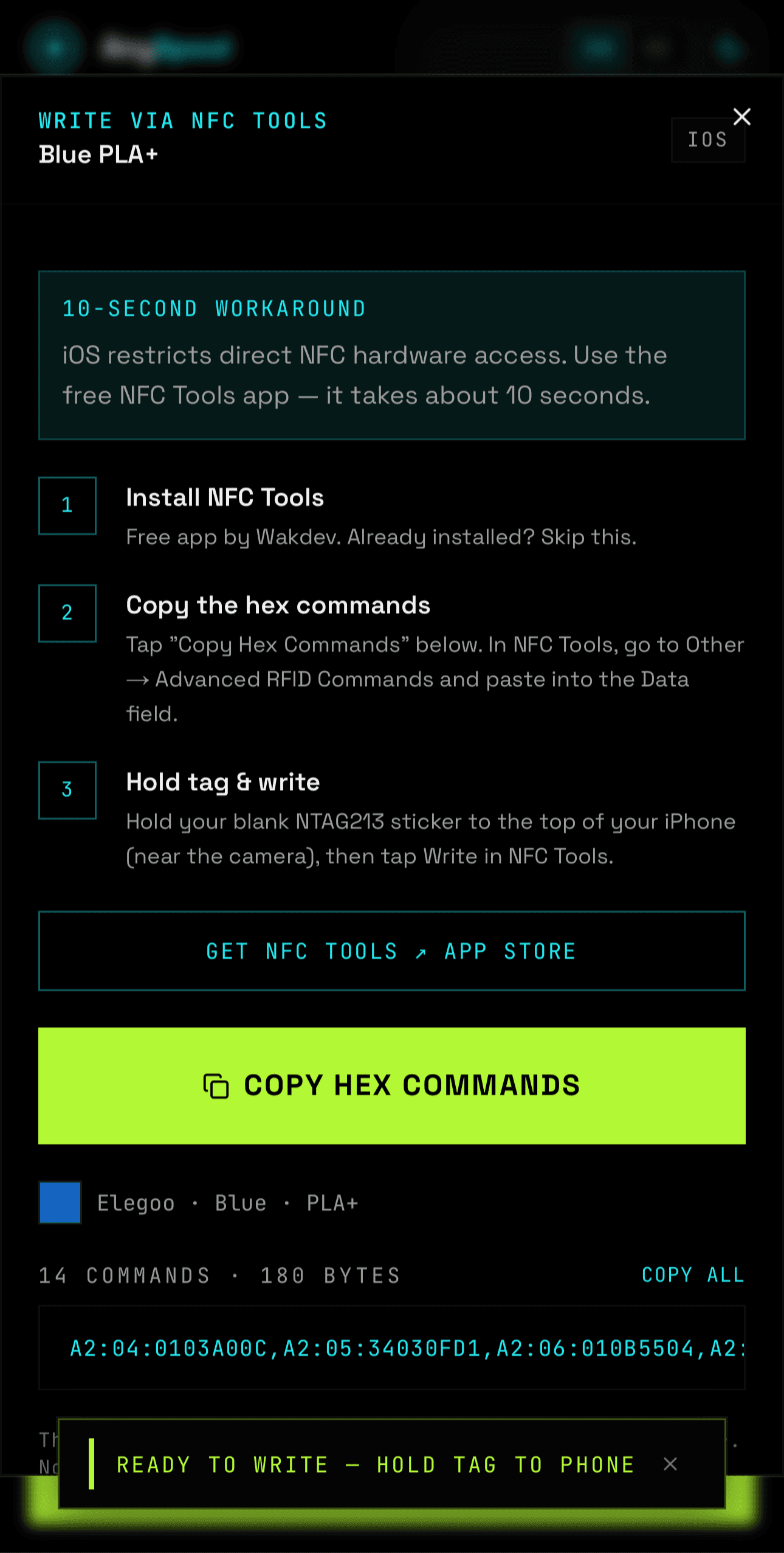 AnySpool iOS write dialog showing Copy Hex Commands button