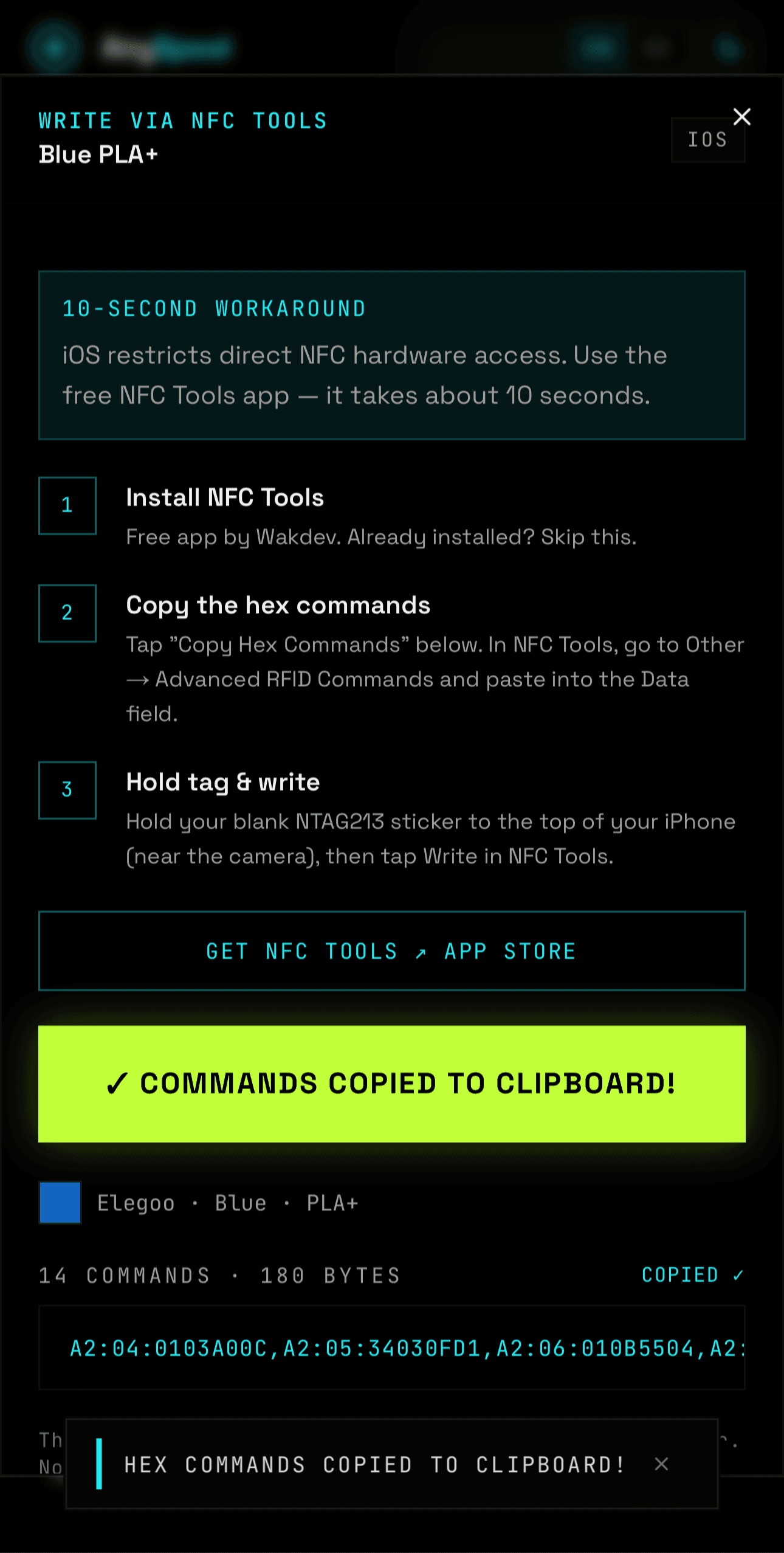 AnySpool iOS write dialog showing Commands Copied confirmation