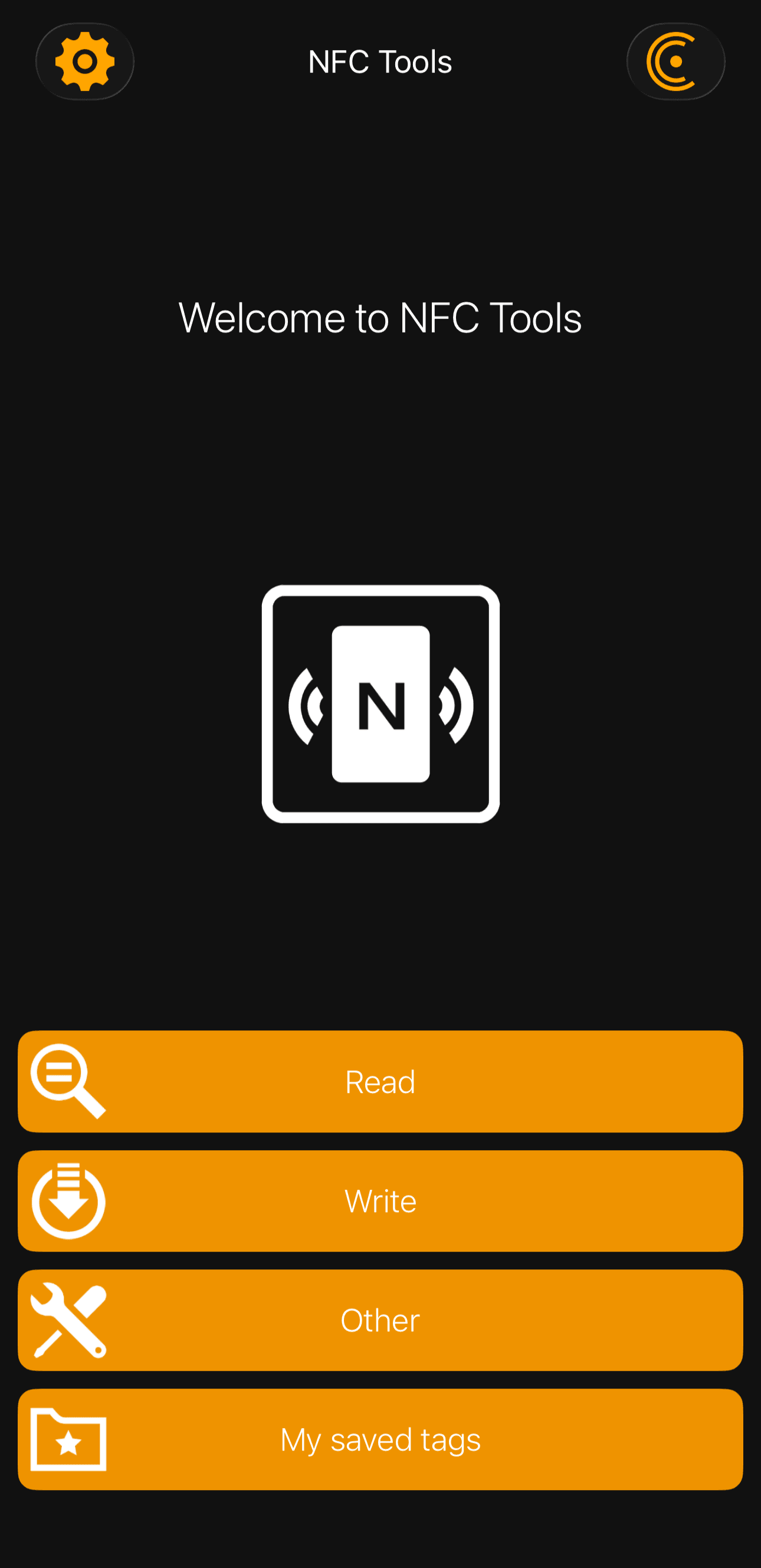 NFC Tools home screen with Other button highlighted