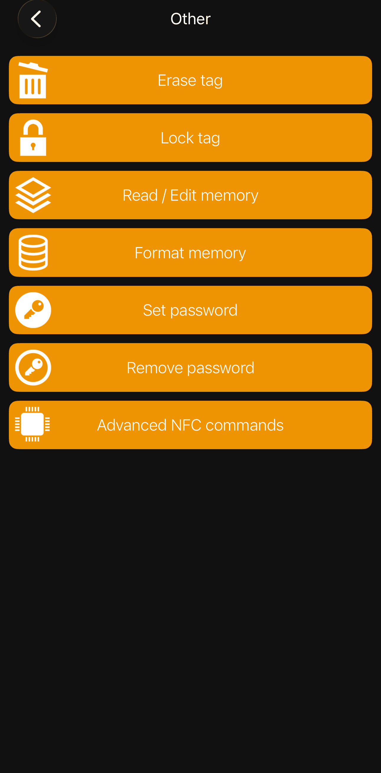 NFC Tools Other menu showing Advanced NFC commands option