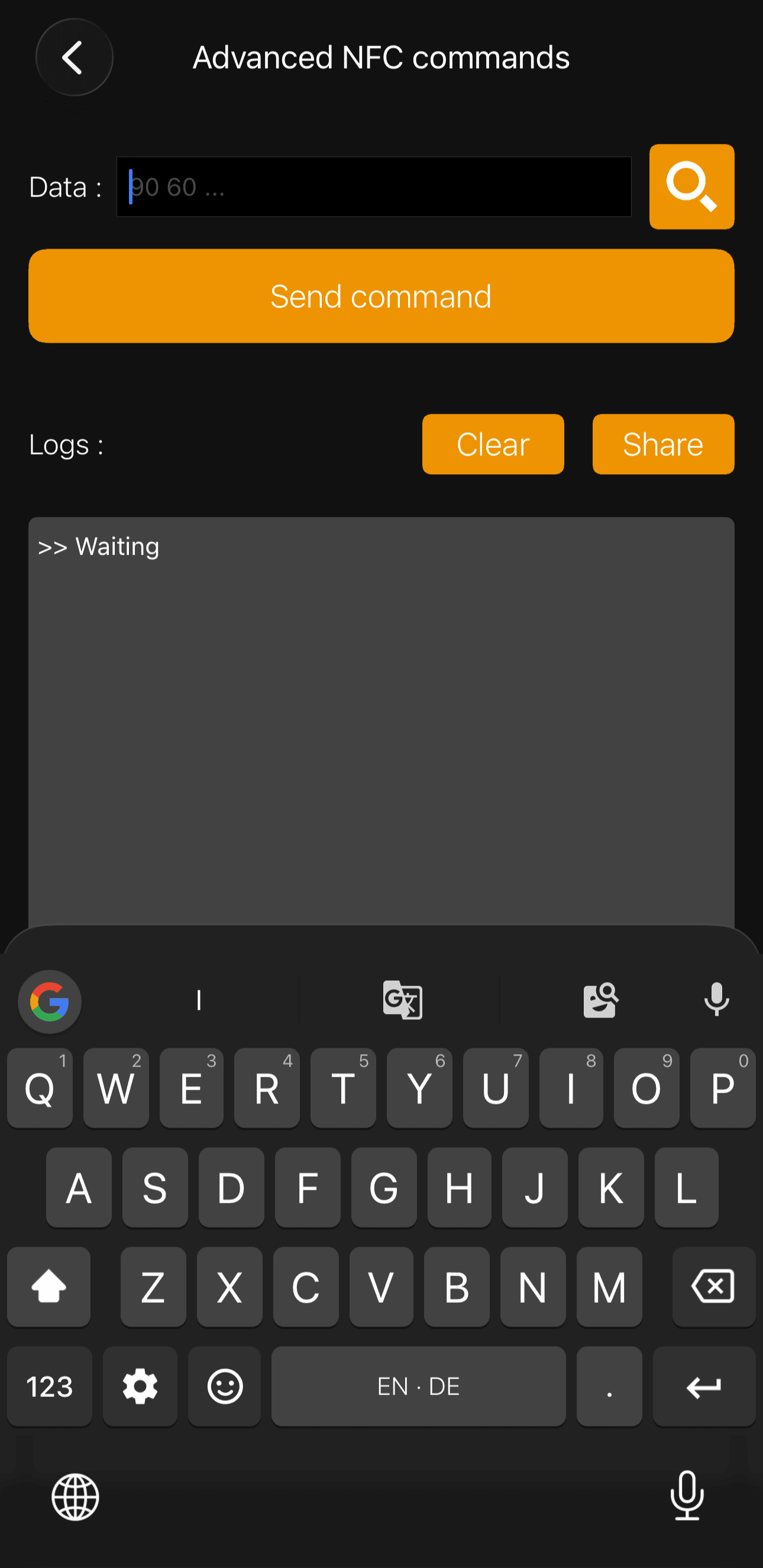 Advanced NFC commands screen with empty Data field