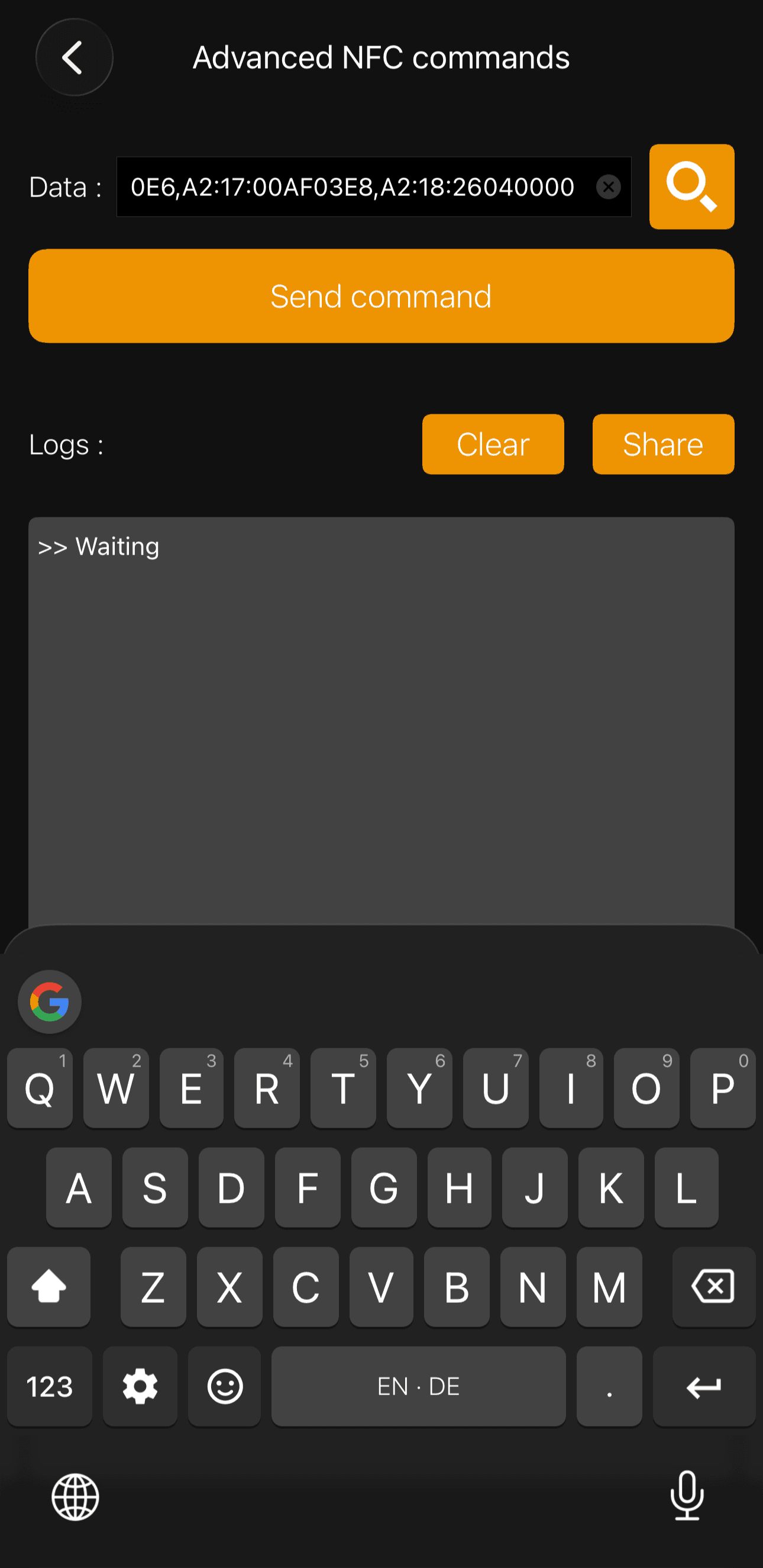 Advanced NFC commands screen with hex commands pasted