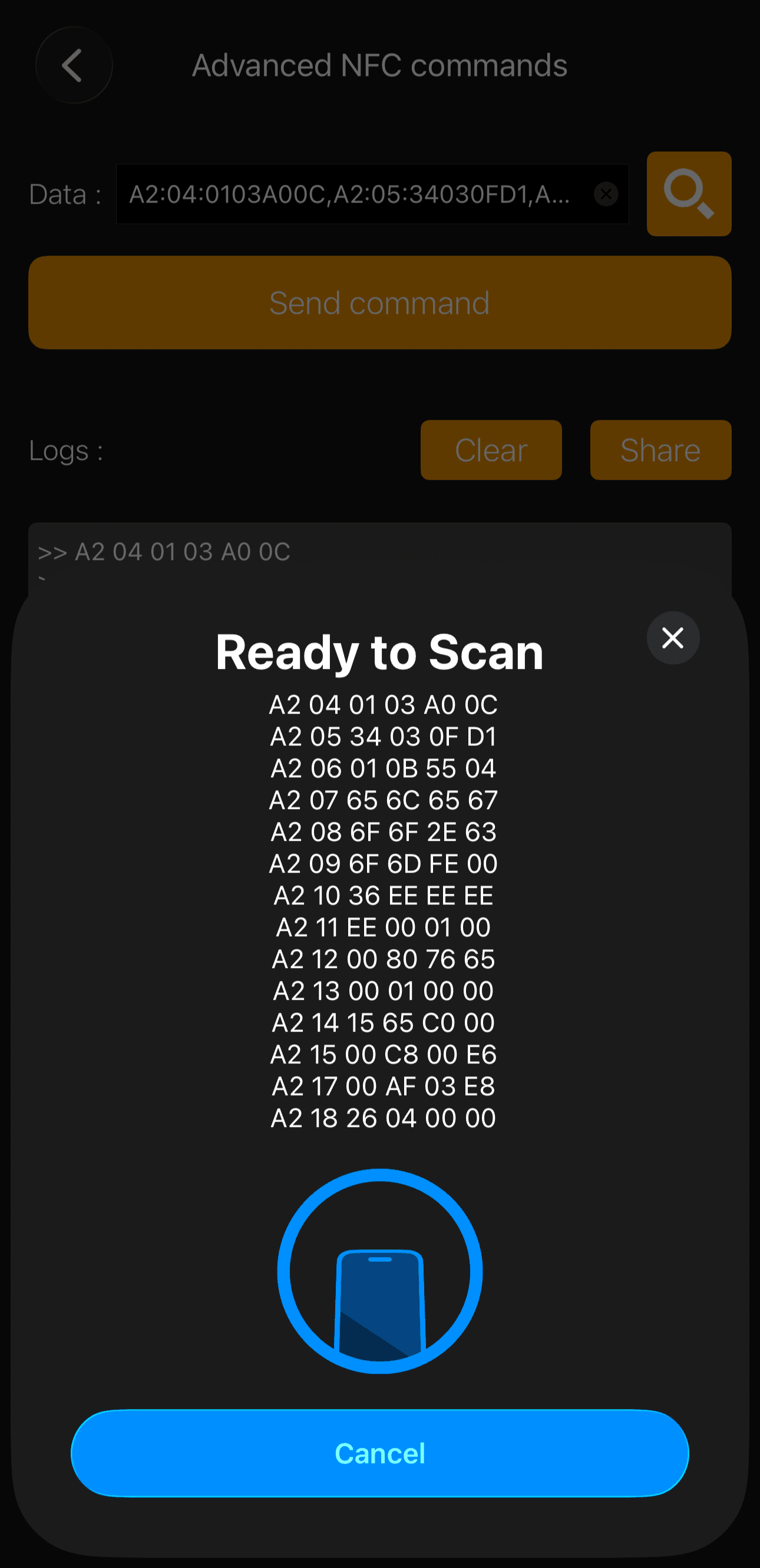 NFC Tools Ready to Scan dialog showing all A2 commands